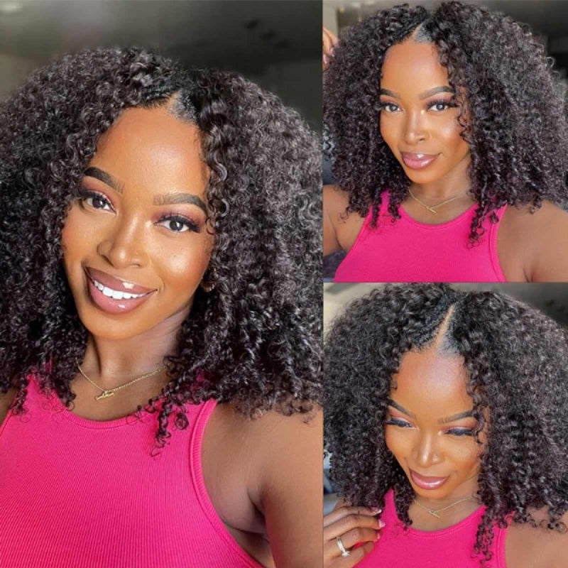 Domiso V Part Wig Human Hair Glueless Upgrade U Part Human Hair Wig 180 Density Kinky Curly Wigs for Women No Leave Out No Glue Beginner Friendly 9A Brazilian Virgin Hair Natural Color 20 Inch